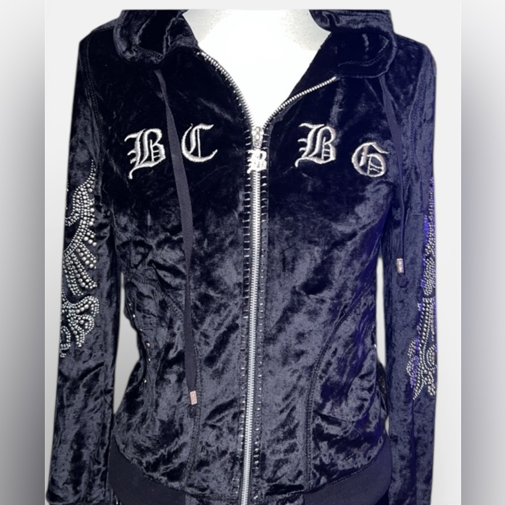 BCBGMaxAzria  Y2K 90s black rhinestone silver embellished Velour Track Suit M - Picture 2 of 16